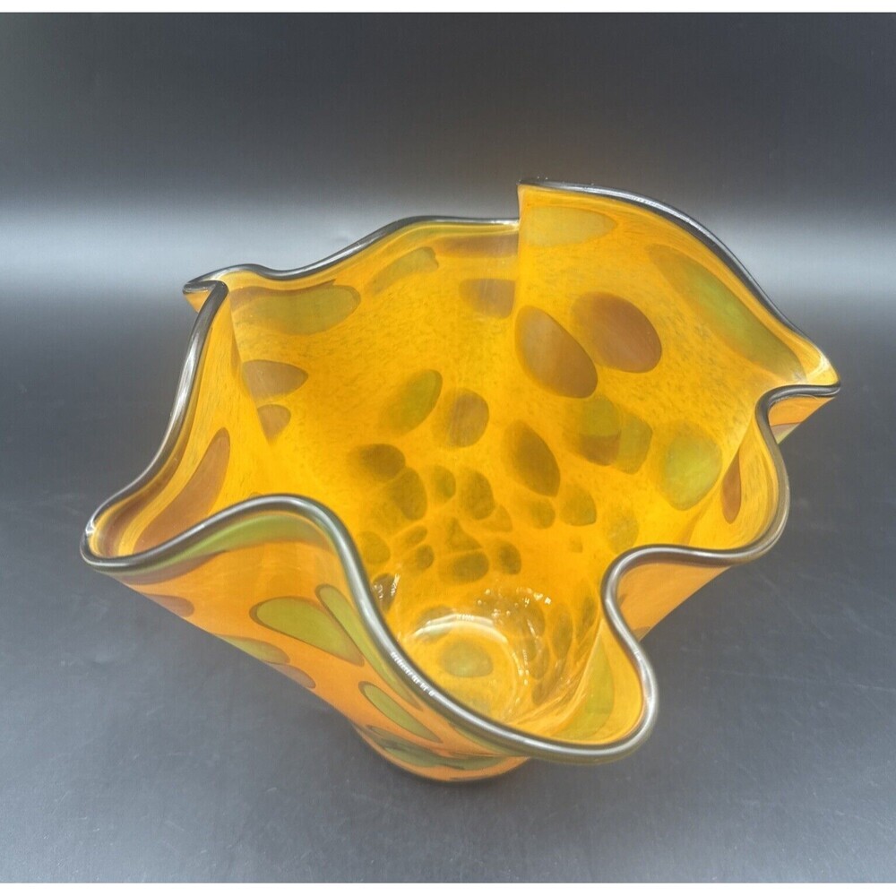 Jariufatoy Glass By Youghiogheny Art Glass ORANGE GREEN GRAY Handkerchief Vase - Picture 4 of 10